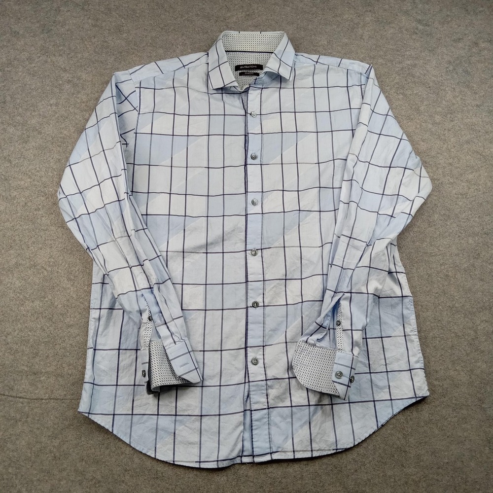 Bugatchi Shirt Mens Large Blue Plaid Shaped Fit Button Front Long Sleeve Casual‎